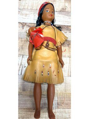Vintage Native American-Inspired Doll With Beaded Faux Leather Dress